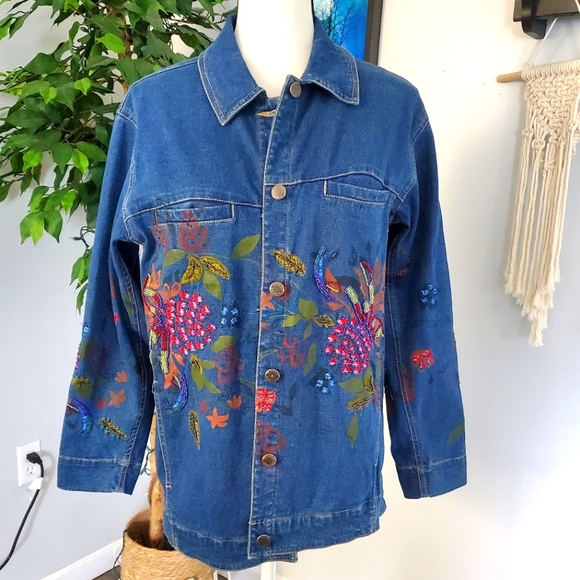 Susan Graver embellished stretch jean jacket S - Picture 1 of 9